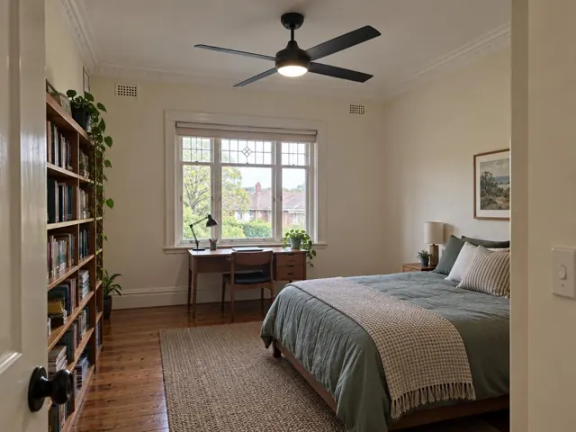 Ceiling fan in a bedroom with a window, desk, bed and timber floor in Normanhurst